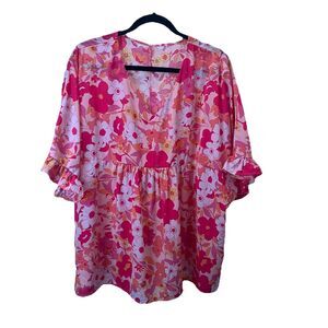 Womens Pink Floral Tropical Hawaiian V Neck Ruffle Short Sleeve Top Size 2XL